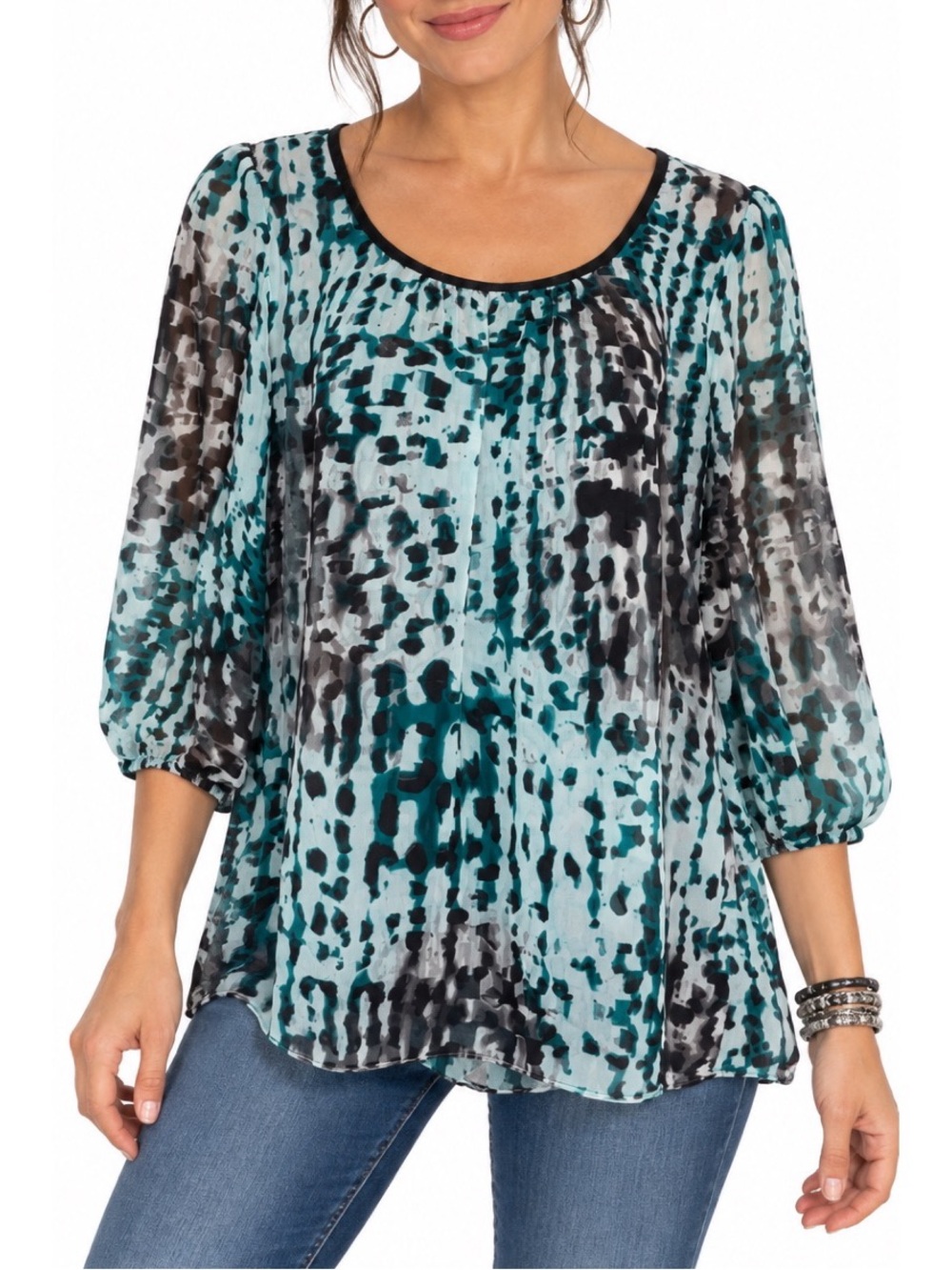 By & By teal, black, gray, and white abstract-print blouse , medium